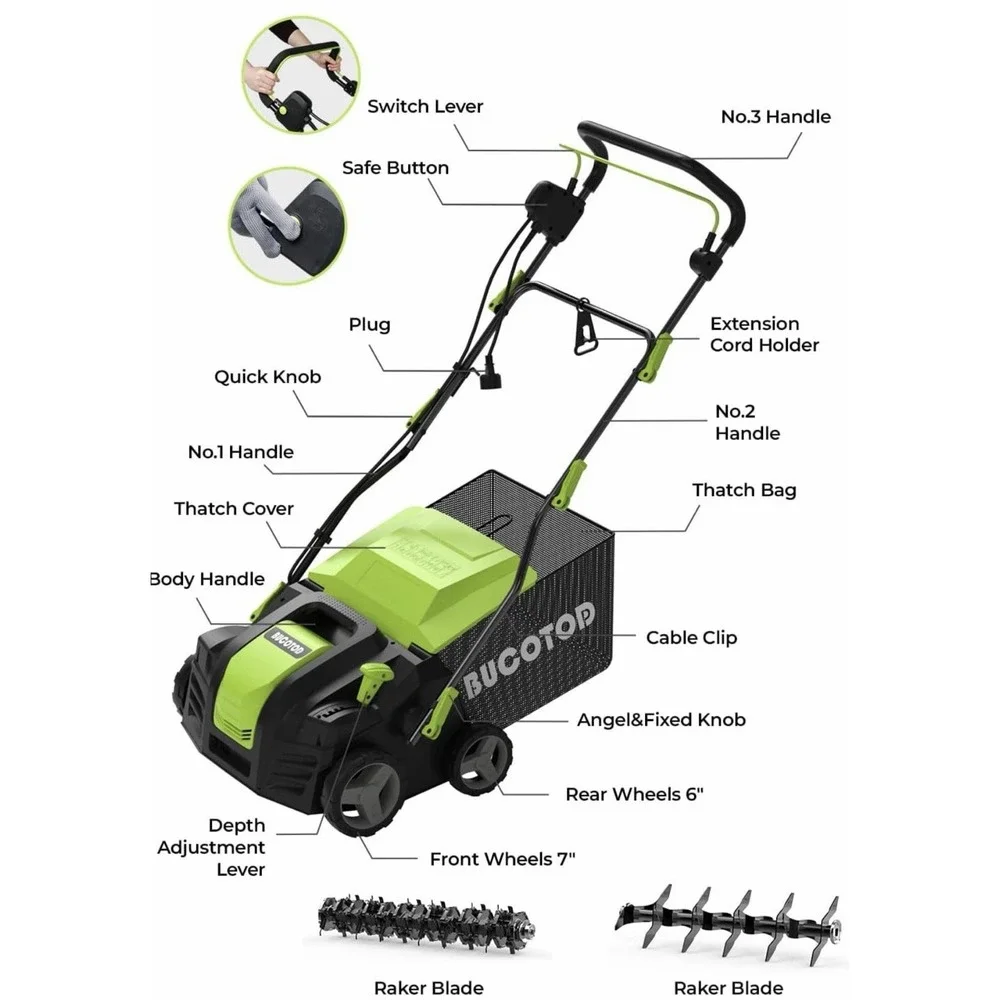 2-In-1 Dethatcher & 16-Inch Scarifier Electric Corded, 15 Amp Bucotod